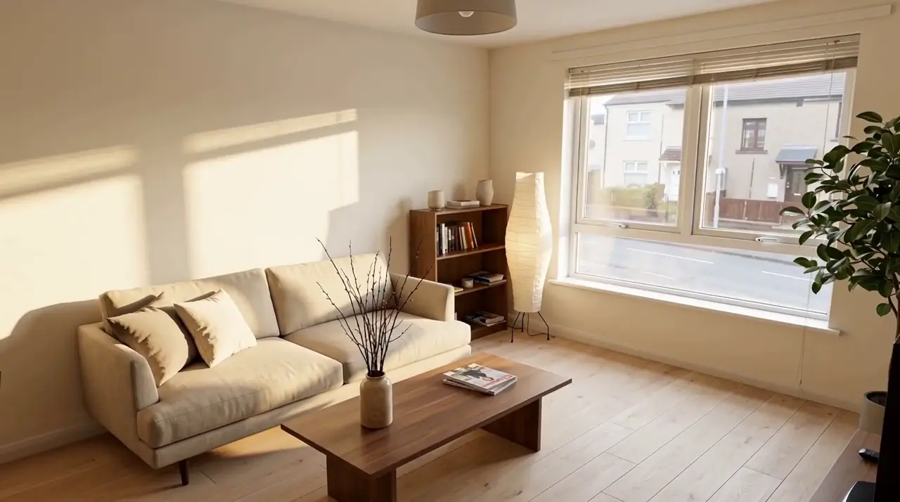 The same room redesigned in a warm Japandi style