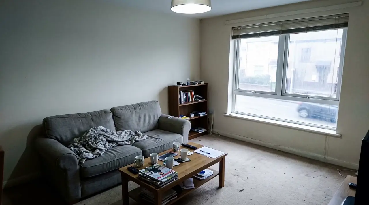 A lived-in rental living room
