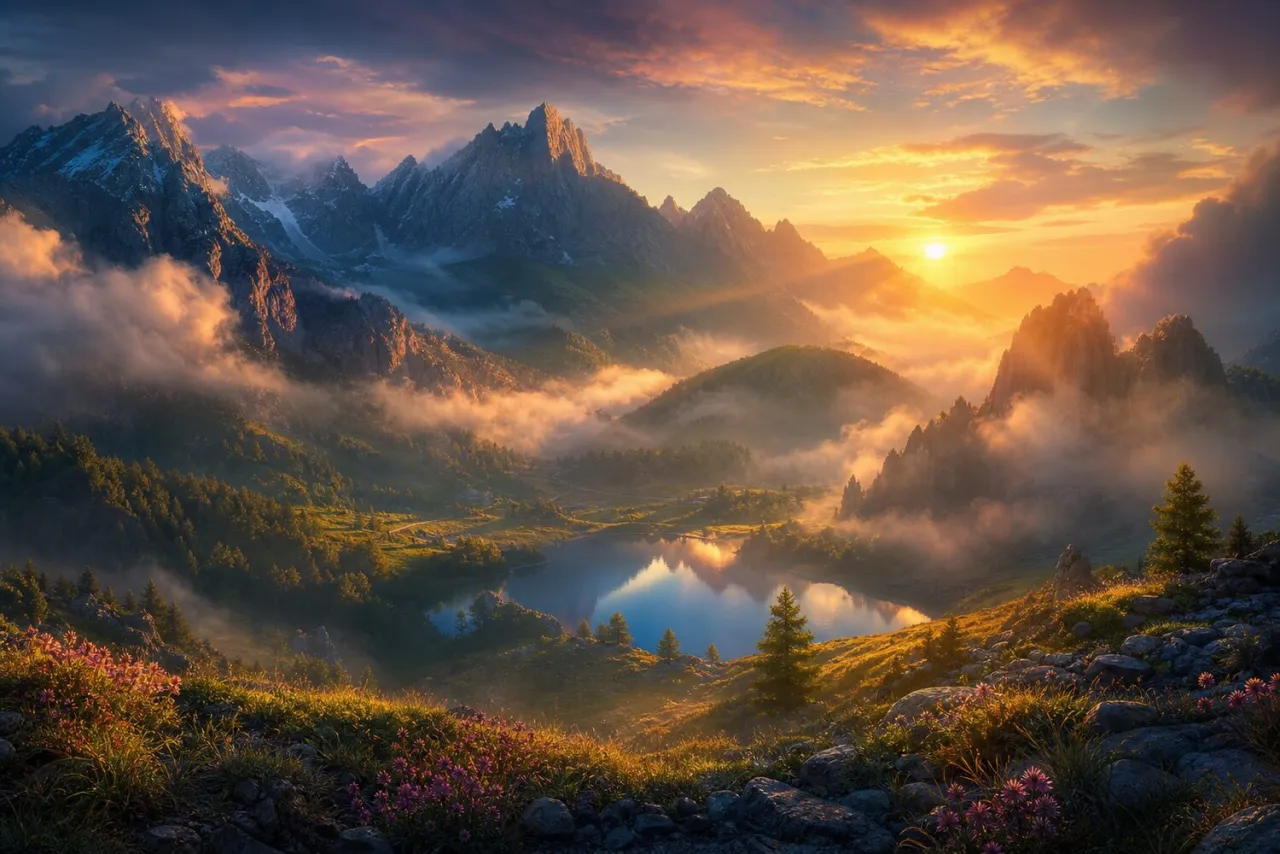 A mountain valley at sunrise under the northern lights, filmed as one sweeping shot
