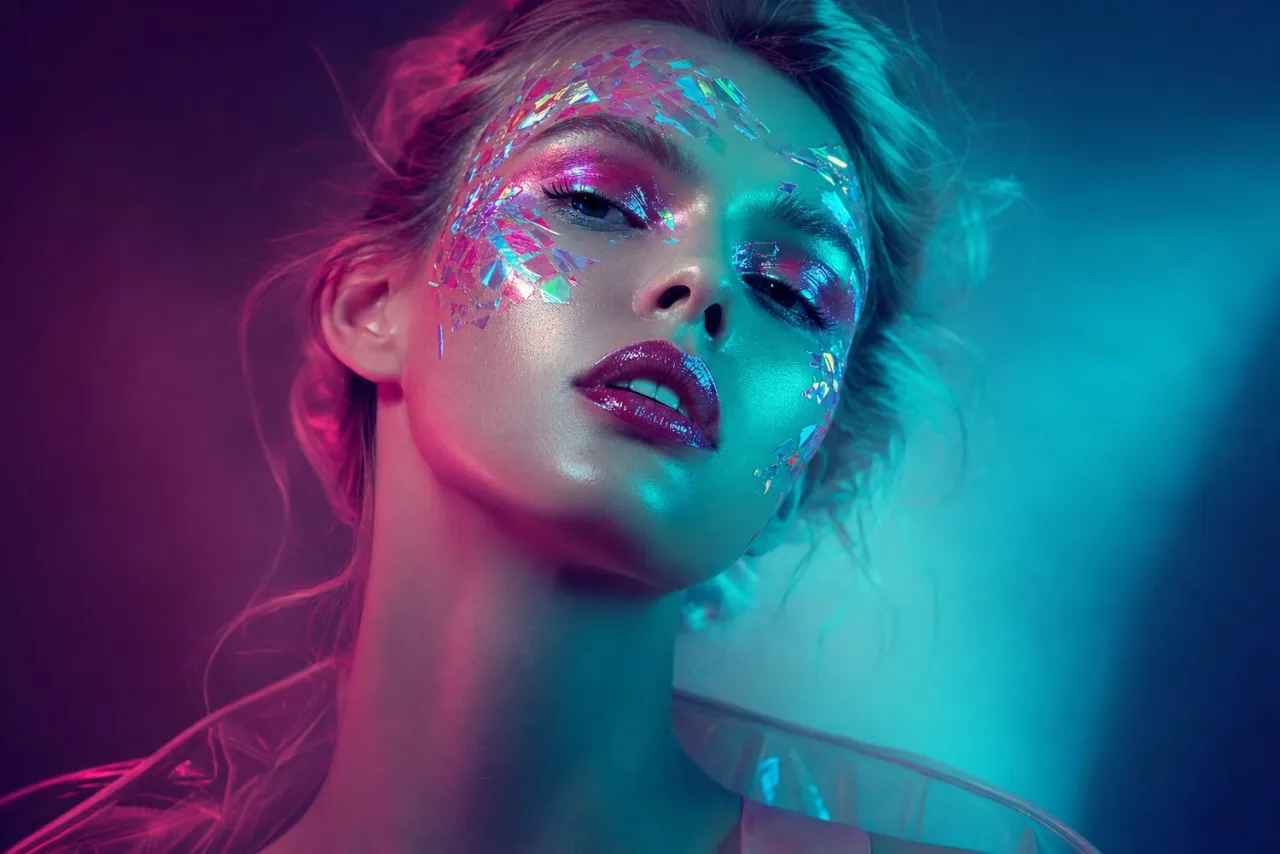 A neon portrait covered in glass shards