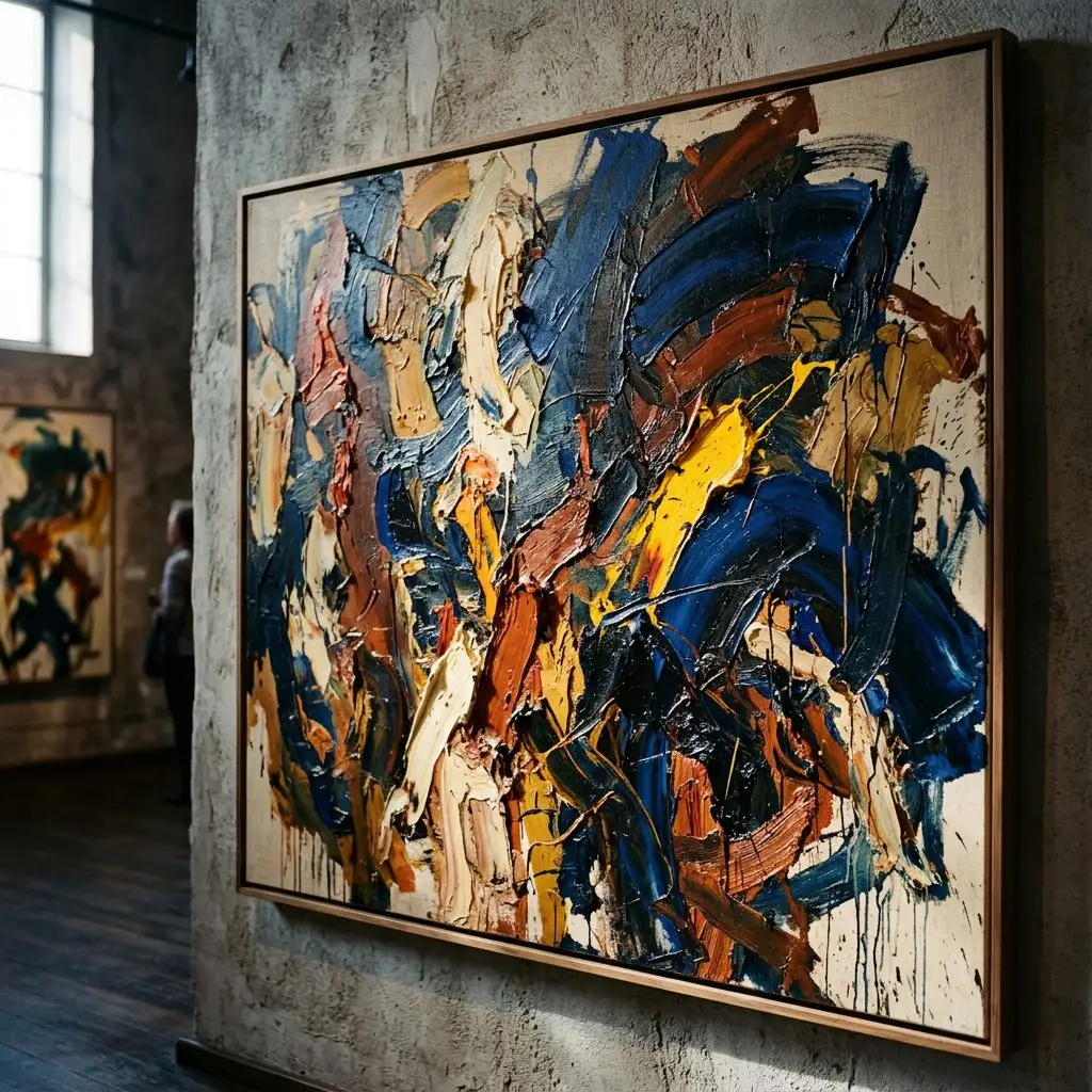 An abstract painting in navy, red and gold, in motion