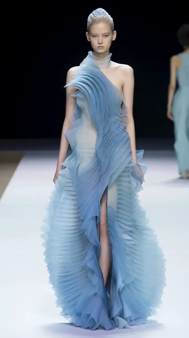 A model walks the runway in a sculptural pleated powder-blue gown from the AI am Blue collection