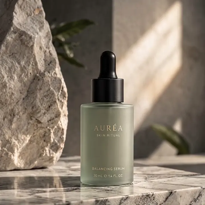 A frosted sage serum bottle in a quiet luxury campaign: light across the glass, one amber drop, then the bottle alone