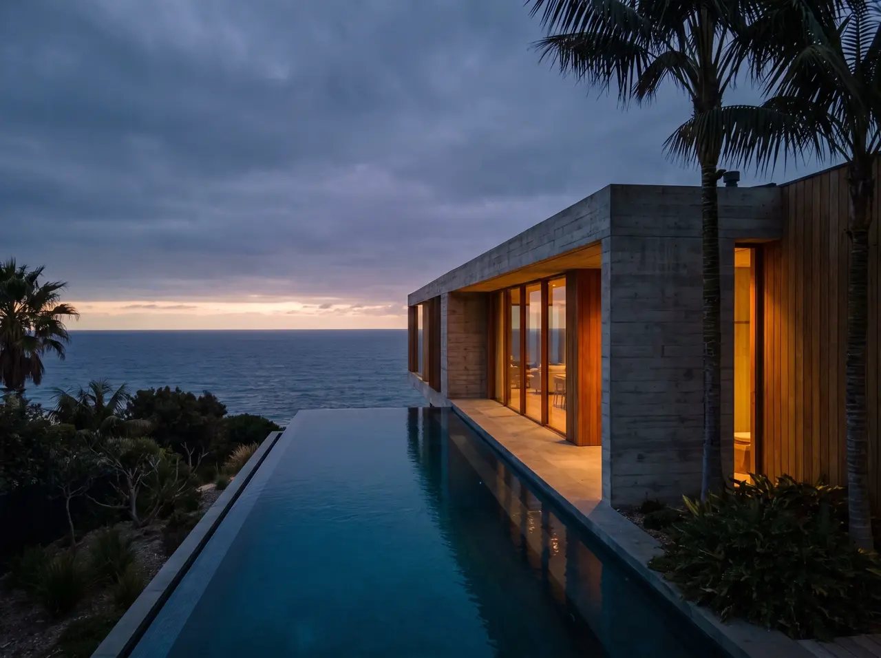 A blue-hour drone orbit around a coastal villa and infinity pool